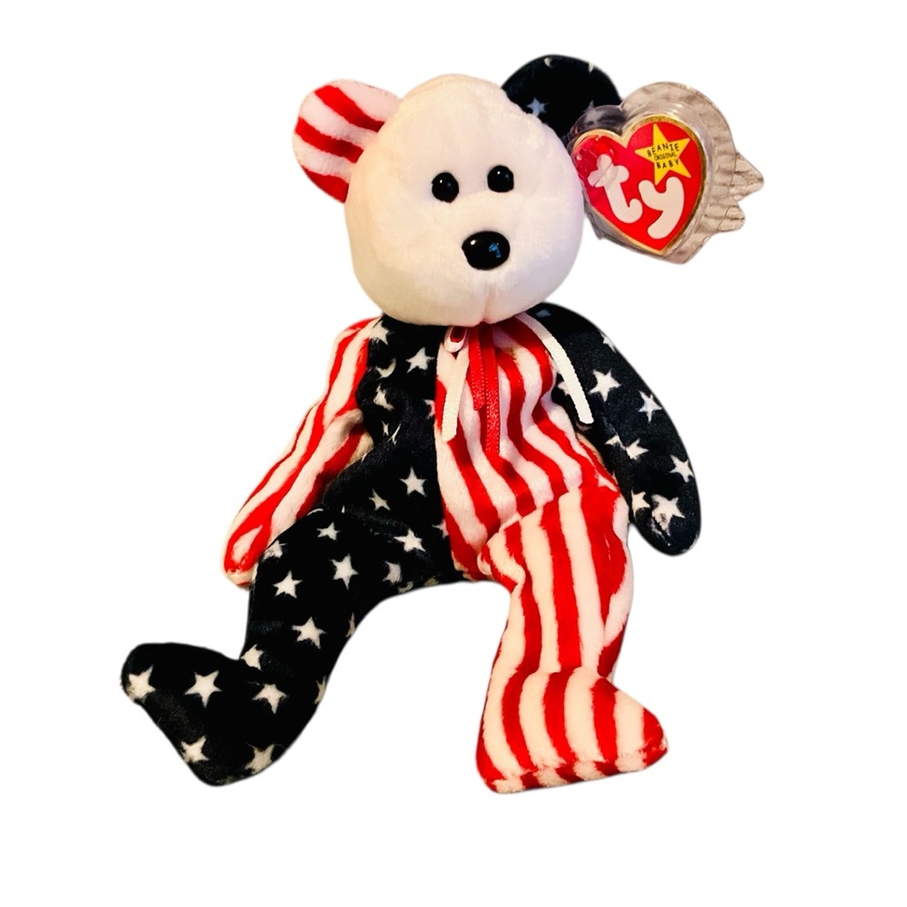 Retired Vintage Ty Patriotic Bear “Spangle” Plush with Red, White, and Blue-NWMT